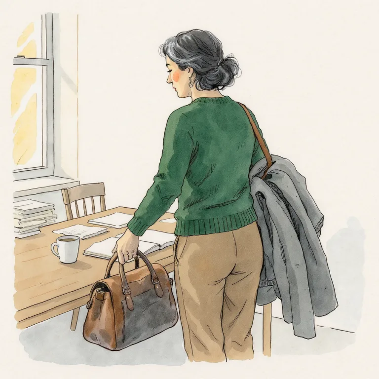 A figure arrives at a desk in a quiet office in the early morning, lowering a worn work bag.