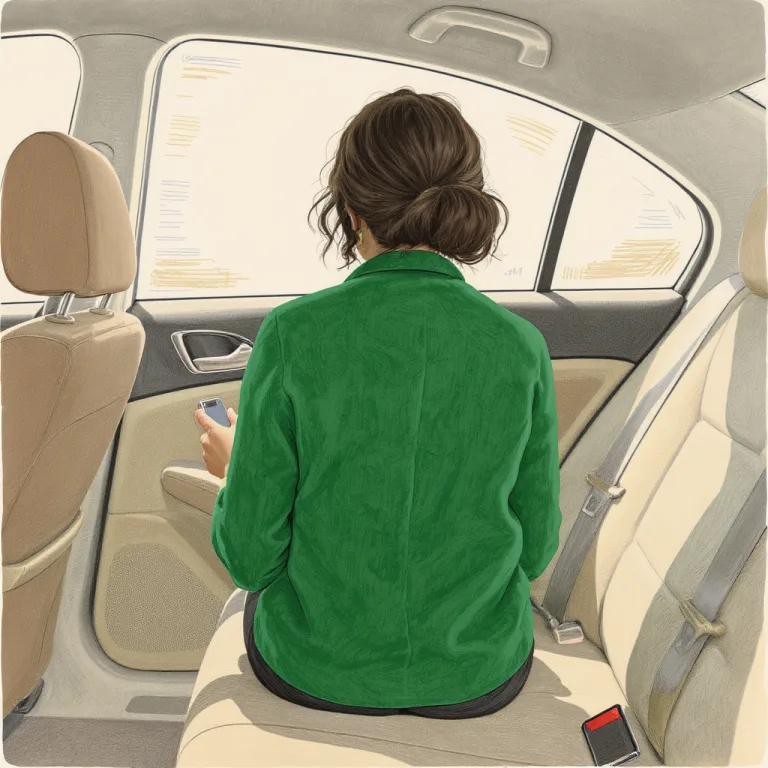 An adult professional in the back seat of a car holds a smartphone loosely in her lap, seen from behind in calm interior daylight.