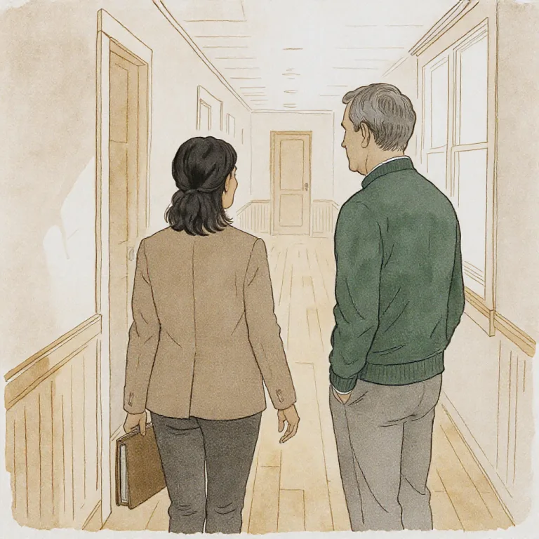 Two figures meet partway down a quiet corridor, one walking toward the other who waits in profile.