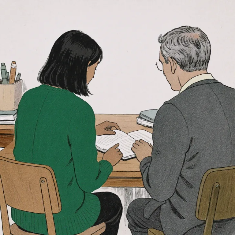 Two adult professionals at a small wooden table review an open notebook between them, both seen from behind, one finger gently pointing at a row.