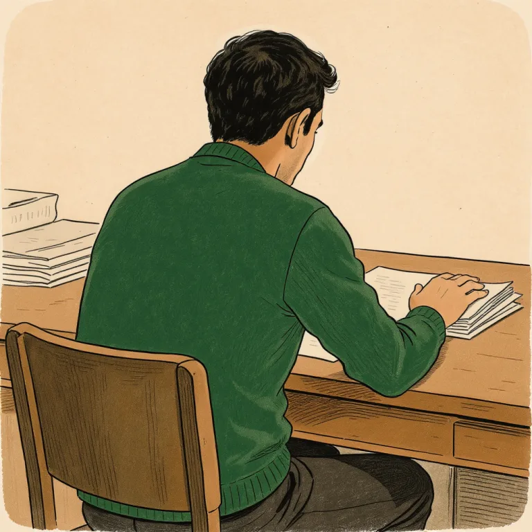 An adult professional at a wooden desk sets down a small stack of folded papers, mid-handoff, seen from behind in soft natural light.