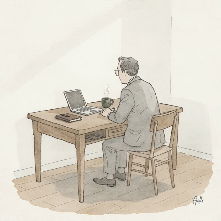 A simple wooden desk in soft morning light with a closed laptop, notebook, and coffee cup.