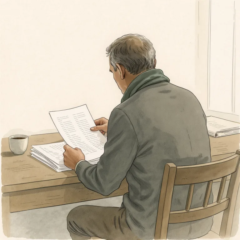 An adult professional at a wooden desk reviews a stack of financial printouts in soft afternoon light, seen in three-quarter rear view.