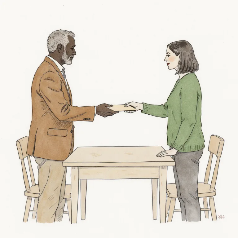 Two figures stand on opposite sides of a small wooden table, calmly exchanging a slim folder.