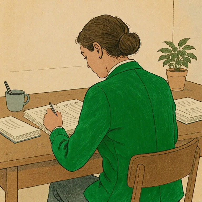 A woman seated at a wooden desk annotates an open ledger with a pencil, seen from behind in soft natural light.