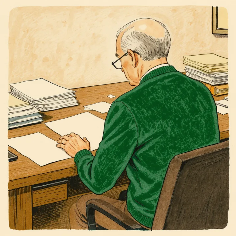 An adult professional at a wooden desk pauses to consider a thoughtful reply over correspondence, seen from behind in soft natural light.