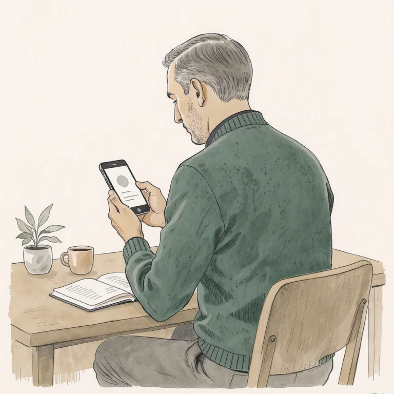 An adult salesperson at a wooden desk reviews a customer record on a smartphone, seen from behind in soft window light.