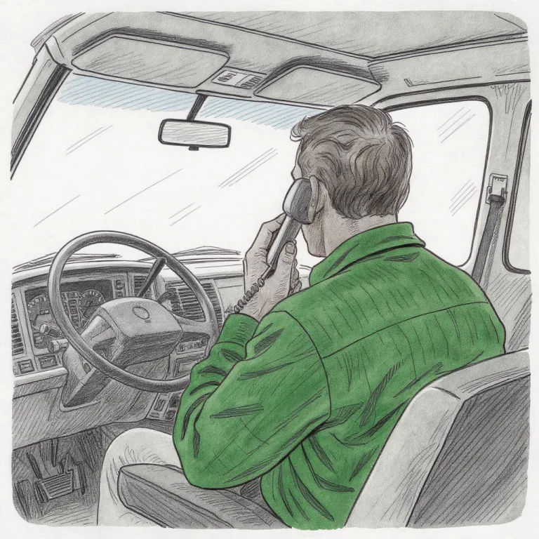 An adult professional in the cab of a parked work truck holds an older corded handset to his ear, seen from behind in soft daylight.