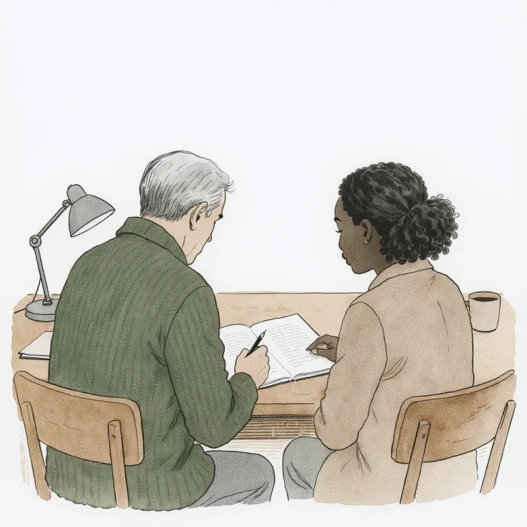 Two adult professionals stand on either side of a small wooden table, looking down together at an open notebook between them.