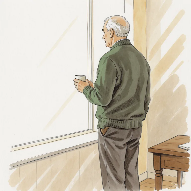 An adult professional sits by a tall window in soft daylight with a coffee cup, paused mid-review, considering what's next.